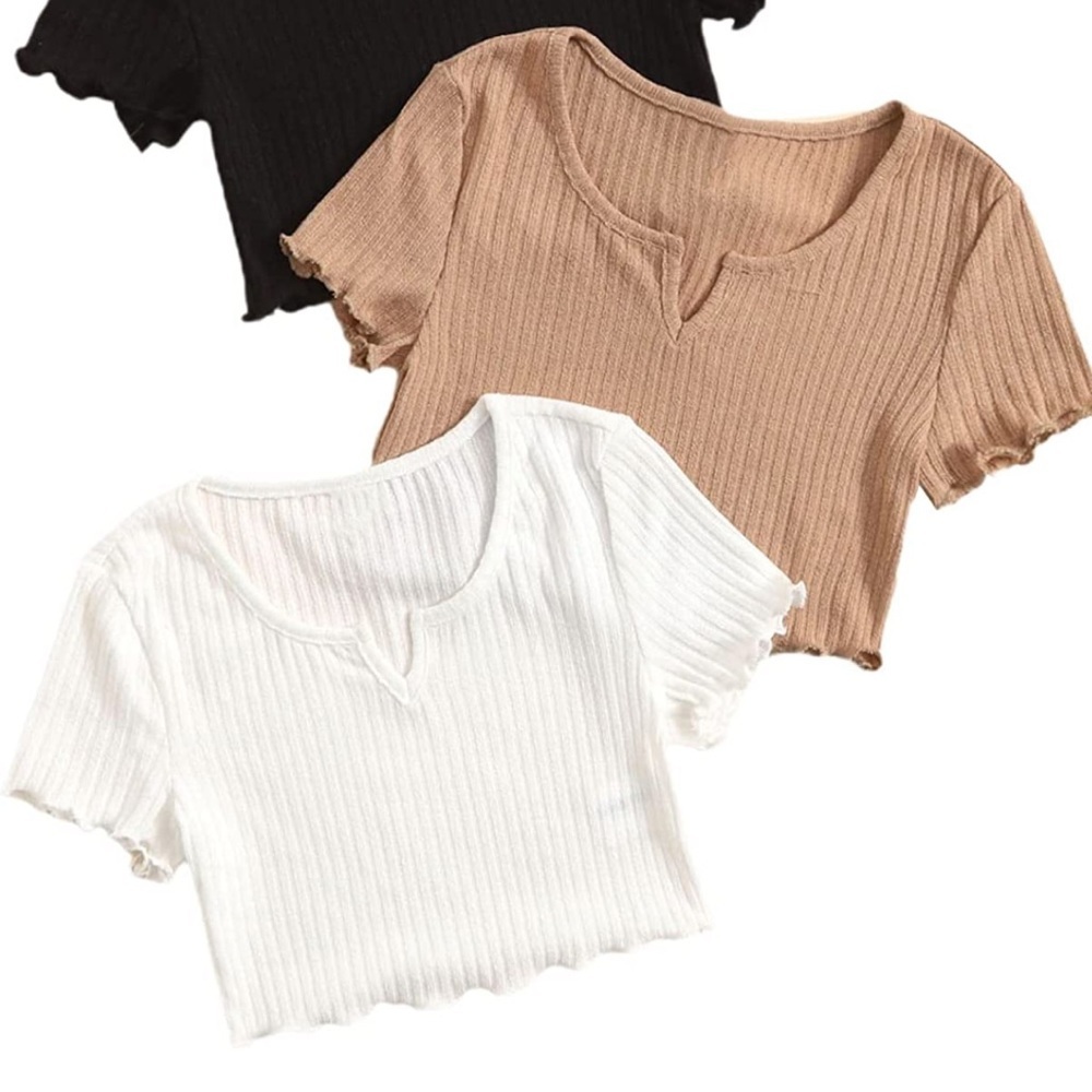 Milumia Girl's 3 Pack Notched V Neck Solid Tee Shirt Ribbed Knit Crop Top Set​​